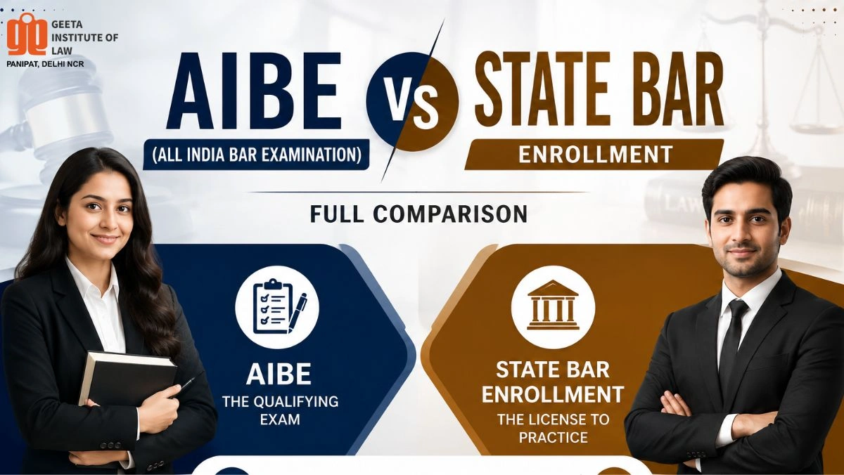 AIBE vs State Bar Enrollment comparison chart showing differences in conducting body, timing, validity, and output for law graduates in India