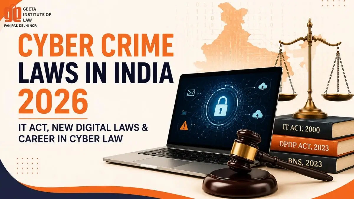 Illustration of cyber crime laws in India 2026 highlighting the IT Act, DPDP Act, cyber security, digital law, and cyber law career opportunities