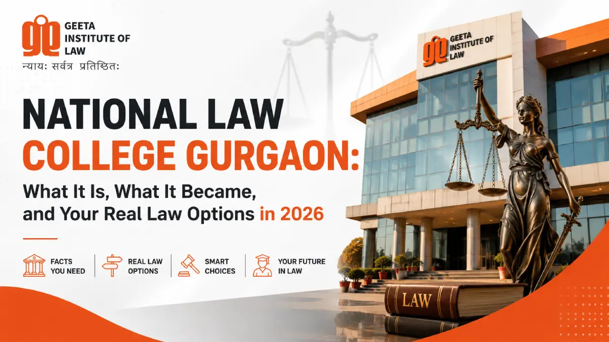 **Alt Text:** **National Law College Gurgaon** feature image showcasing Geeta Institute of Law campus, Lady Justice statue, legal education symbols, and law career pathways in Haryana, designed in the institute's signature orange branding.
